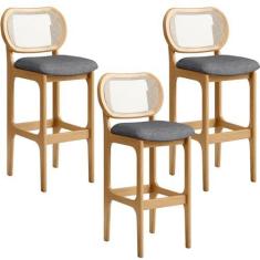 Imagem de Kit 03 Banquetas Altas Para Cozinha Bancada Sala Tela Betta Fixa L02 Linho Cinza Escuro - Lyam
