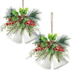 Imagem de Tioncy Enfeites de Natal para pendurar em sino de 22 cm grande rústico de metal para decoração de sino de Natal com baga vermelha de Natal para decoração de porta de árvore de guirlanda de Natal