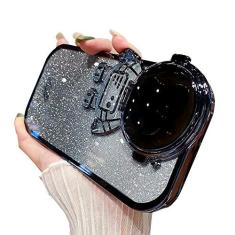 Imagem de QoKcoahn Capa de telefone com suporte oculto de astronauta para iPhone 14, linda lente de astronauta protetor de câmera com suporte luxuoso com glitter 6D galvanizado transparente protetor de TPU macio para homens e mulheres preto