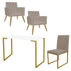 Imagem de Kit Escritório Stan 2 Poltronas Capitonê com Cadeira e Mesa Industrial Branco Dourado Tecido Sintético Bege - Ahz Móveis