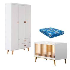 Imagem de Berço Americano Ligia com Guarda Roupa 3 Portas Duda Branco Acetinado Bétula e Colchão Ortobom – Carolina Móveis