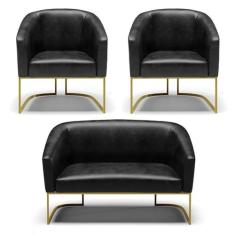 Imagem de Sofá Namoradeira e 2 Poltronas Base Industrial Dourado Stella Corano Preto D03 - D'Rossi
