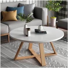 Imagem de Mesa de centro redonda moderna, mesas de centro de encaixe, mesa lateral com extremidades de sofá, placa de MDF e pernas de madeira, para sala de estar, quarto, varanda, escritório, canto