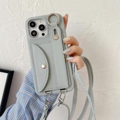 Imagem de Capa de telefone crossbody com alça de pulso para iPhone 13 12 Mini 15 14 11 Pro XS Max XR 7 8 Plus Porta-cartões Capa de couro com cordão, azul, para iPhone 14 Pro