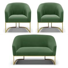 Imagem de Namoradeira E 2 Poltronas Base Industrial Dourado Stella Suede D03 - D`rossi Cor Verde