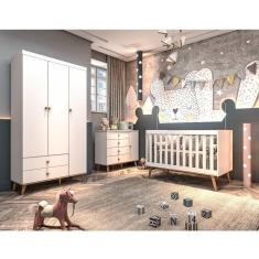 Imagem de Quarto de Bebê Retrô Lígia Berço 3 em 1 Ludmila Guarda Roupa 3 Portas Cômoda Infantil 4 Gavetas com Porta Branco com Bétula Carolina Baby