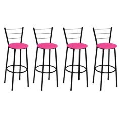 Imagem de Kit 4 Banquetas Alta Preta Com Encosto Assento Rosa Jaddi