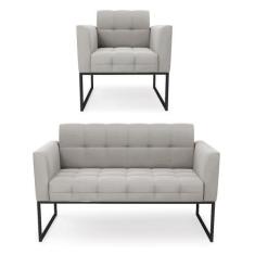 Imagem de Kit 1 Sofá Namoradeira e 1 Poltrona Elisa Veludo Cinza Base Metálica I