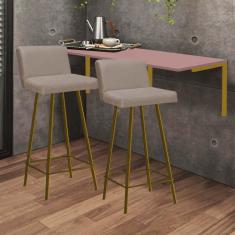 Imagem de Kit Mesa Suspensa de Parede Fixa MDF Rosa + 2 Banquetas Lexi Ferro Dourado Sintético Bege - Ahazzo Móveis