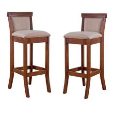 Imagem de Kit 2 Banquetas Estofadas Alta Com Encosto 36 x 100 Cm Mônaco Madeira Imbuia Linho Bege M58 - RMI