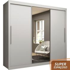 Guarda Roupa Casal 3 Portas de Correr com Espelho Grande 4 Gavetas Gelius Royale - Branco