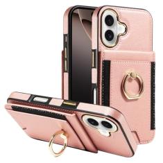 S. Tedazo Capa carteira para iPhone 16 Plus (6,7 polegadas) com suporte para cartão de crédito e suporte de anel de rotação de 360°, capa flip de couro com bloqueio RFID à prova de choque - ouro rosa
