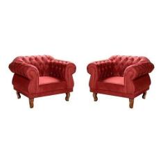 Duas Poltronas Chesterfield Elisabeth Capitonê -Suede Vermelho Bordo /