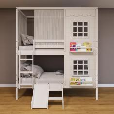 Beliche Casinha Reta Com 02 Janelas Escorregador E Cortina Madeira Maciça Branco Housin