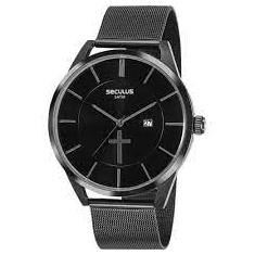 Kit Relógio Seculus Masculino Preto Pai Nosso 20769GPSKPA1K1