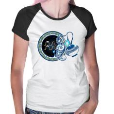 Baby Look Raglan Signo Aquário Astrologia - Foca na Moda, Branco, Pret