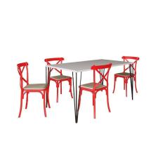 Conjunto De Mesa Elen Retangular Tampo De Madeira 140X80Cm Branco Com 4 Cadeiras Katrina Vermelha