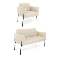 Sofá Namoradeira E Poltrona Pé De Ferro Preto Marisa Linho Bege D03 - 