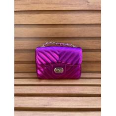 Bolsa Feminina Pequena Metalizada com Corrente Alça Transversal de Lad