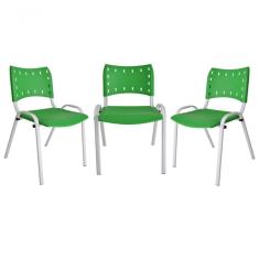Kit 3 Cadeiras Iso para Escola Escritório Comércio Verde Base Branca