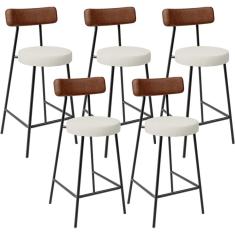 Kit 05 Banquetas Baixa Cozinha Sala Jantar Milão L02 Couríssimo Marrom Linho Champagne - Lyam Decor