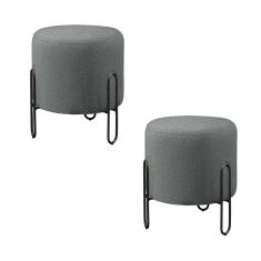 Conjunto - 2 Puffs Banqueta Mali Luxo Base Metálica Preta Linho Cinza