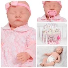 Boneca Reborn 100% Silicone Careca Com Vestido Renda Rosa - Cegonha Re