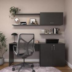 Conjunto de Mesa com Armário de Escritório, Armário Aéreo e 3 Pratelei