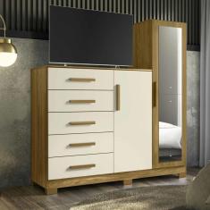 Cômoda com Espelho 5 Gavetas 2 Portas New Master Albatroz Móveis Carvalho Grife/ Off White