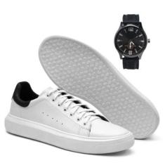 Tenis Casual Masculino Sport Fino Sola Antiderrapante + Relógio Ponteiro Preto-Masculino