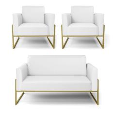 Sofá Namoradeira Com 2 Poltronas Base Industrial Alta Dourado Marisa Corino Branco D03 - D\`rossi