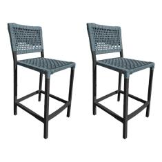 Kit 2 Banquetas França em Corda Náutica e Base em Alumínio Preta para Área Gourmet Cinza