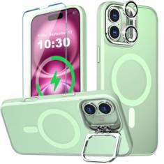 WATEFULL Capa ultra magnética para iPhone MagSafe com anel de suporte de câmera de metal ajustável, resistente, fosco translúcido fino à prova de choque com 1 tela 1 protetor de lente de câmera para