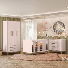 Quarto de Bebê Qencanto Slim Completo Qmovi Rosa Acetinado + Colchão G