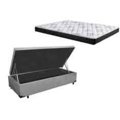 Cama Box Baú Solteiro Colchão Espuma D33 Bordado + Box Suede Cinza 53x