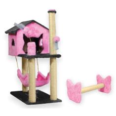 Casa Para Gatos Com Dois Andares Rede E Brinquedo Bolinha Poste Sisal 