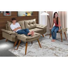 Sofa Bariloche 3 Lugares Com Pes em madeira Mais Duas Banquetas Rubi E