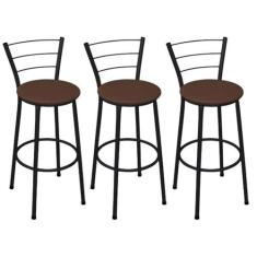 Kit 3 Banquetas Médias Preta com Encosto Assento Marrom - Fortmix