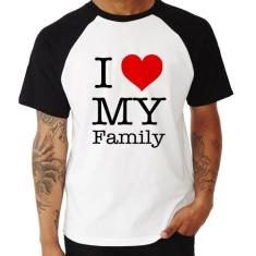 Camiseta Raglan I Love My Family - Foca na Moda, Branco, Preto, M