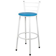 Banqueta Alta Para Cozinha Branca Epoxi Assento Azul - Lamar Design