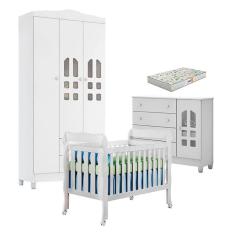 Quarto de Bebê New Selena 3 Portas com Berço Lila e Cômoda Selena Branco Brilho e Colchão Gazin – Carolina Móveis