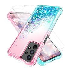Capa para Samsung Galaxy A13 4G com protetor de tela*2, capa para celular Galaxy A13 4G fofa transparente coração líquido glitter macio TPU protetor à prova de choque, capa A13 para mulheres meninas,