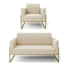 Sofá Namoradeira Com Poltrona Base Industrial Alta Dourado Marisa Sued