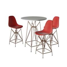 Jogo Mesa Bistrô Eames Branca 60Cm 3 Banquetas Vermelha Base Ferro Cob