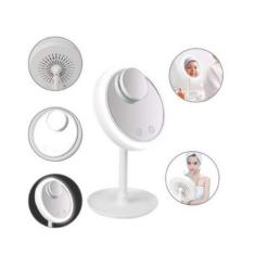 Espelho de Mesa Para Maquiagem Com Iluminação Led Ventilador Brisa Fresca + Mini Esp. Aumento 5x Touch Branco