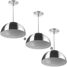 Kit 3 Lustres Pendente Meia Lua 40cm Alumínio Escovado