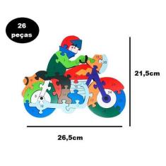 Brinquedo Jogo Quebra Cabeça 3D Moto Mdf Alfabeto 26 Peças Infantil - 