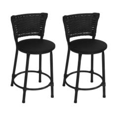 Kit 2 Banquetas Baixas Preta com Encosto Junco Preto Assento Preto - F