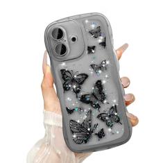 UEEBAI Capa de borboleta ondulada para iPhone 16, linda estrela borboleta brilhante para mulheres linda capa de telefone brilhante com glitter para meninas capa transparente encaracolado à prova de