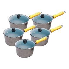 Jogo Panelas Alumínio Craqueado Cabo de Madeira Tampa Vidro